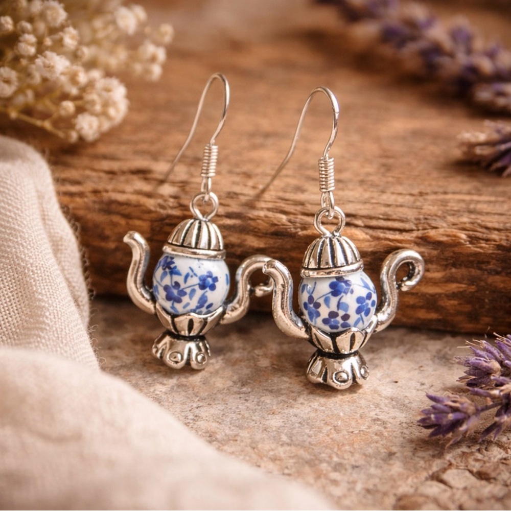 Artisan Teapot Earrings Blue White Porcelain Style Silver Handmade Dangle